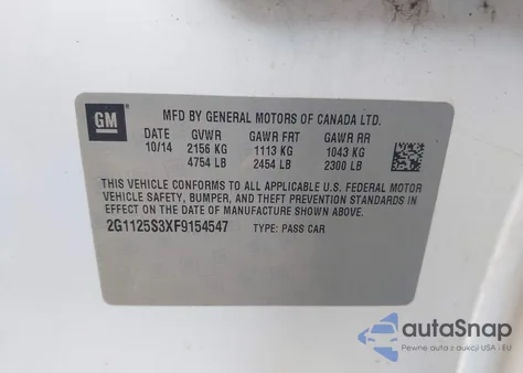 2015 Chevrolet Impala 2Lt from USA, damaged, VIN 2G1125S3XF9154547